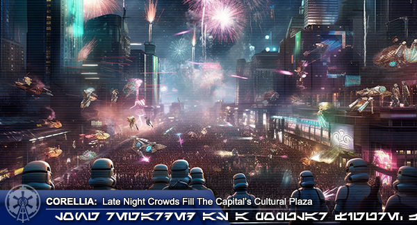 Stormtroopers stand watch over large crowds watching a fireworks display on Corellia