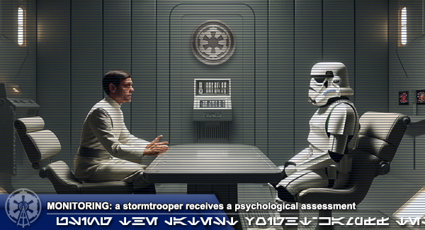An image of a stormtrooper being debriefed